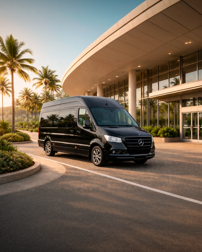 Black Sprinter airport transportation with luggage space for large groups and scooters
