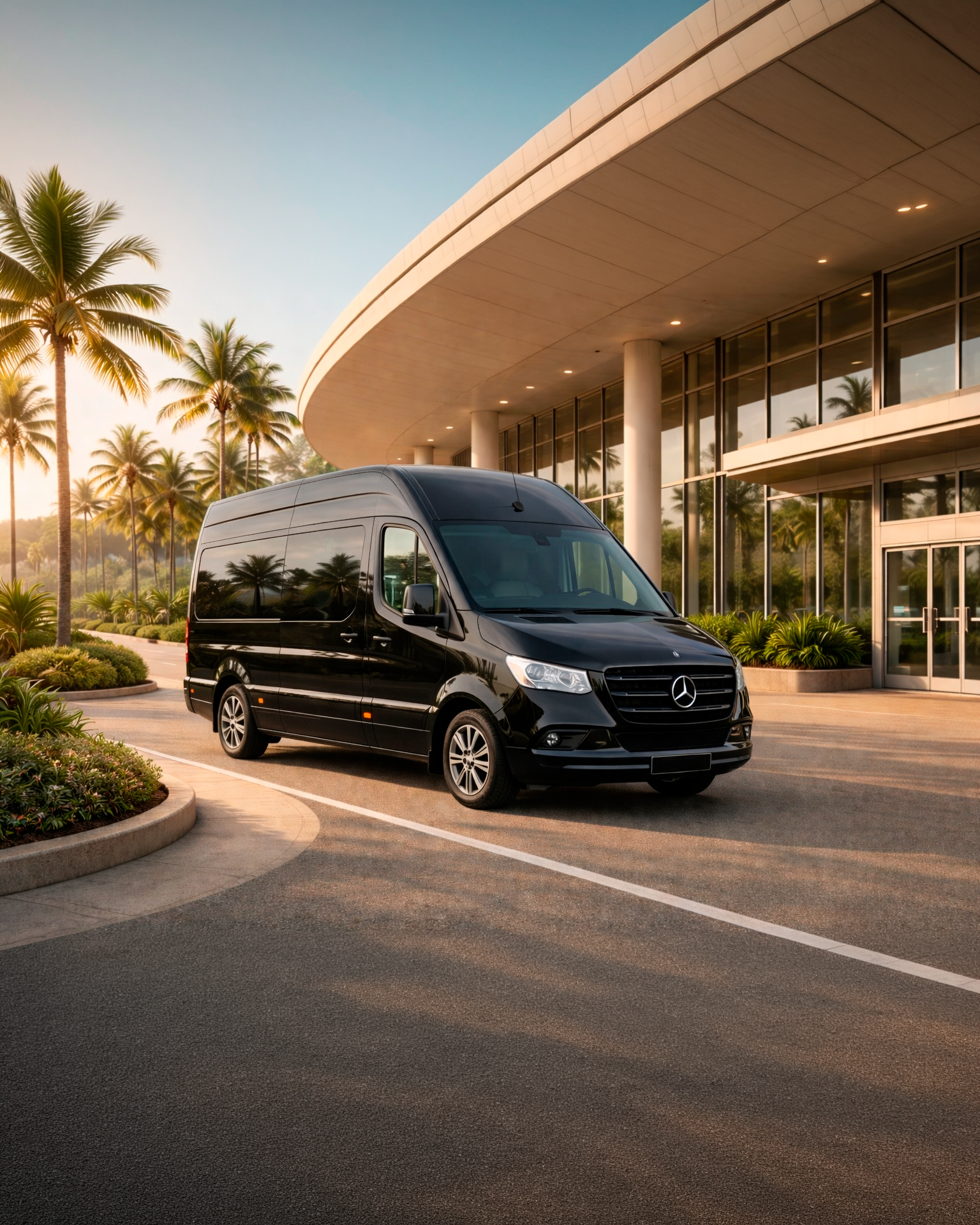 Black Sprinter airport transportation with luggage space for large groups and scooters