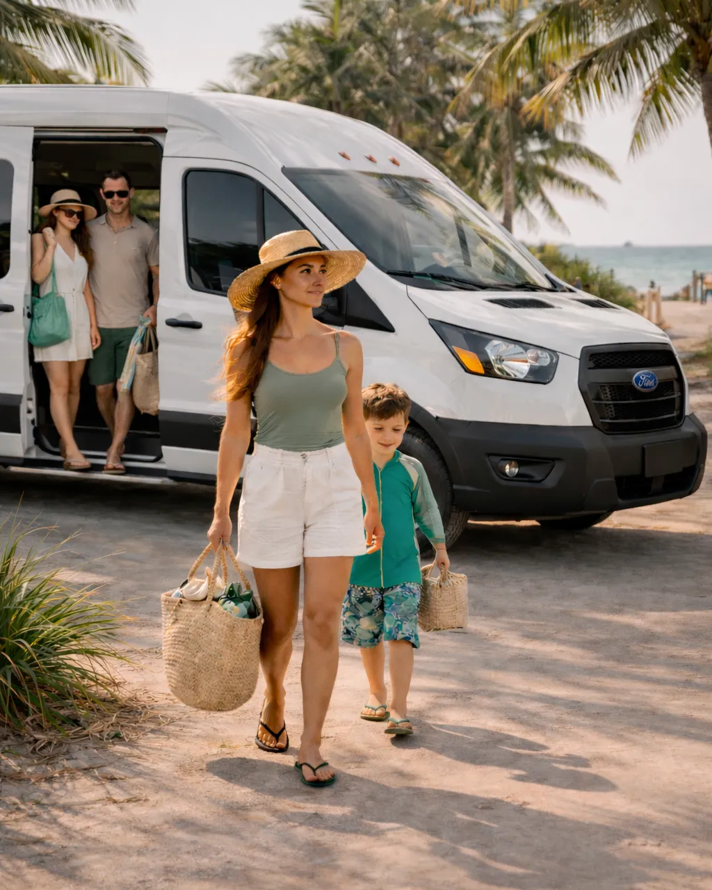 Family arriving at a South Florida beach using a private shuttle transportation service in Miami and Fort Lauderdale