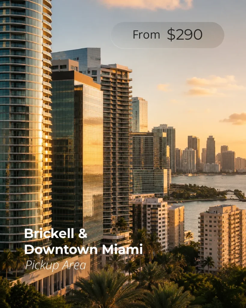 Brickell and Downtown Miami pickup area for FIFA World Cup 2026 transportation services with private transfers to Hard Rock Stadium and Bayfront Park Fan Festival.