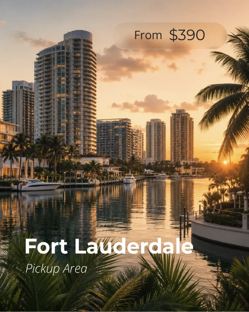 Fort Lauderdale pickup area for FIFA World Cup 2026 transportation services with private transfers to Hard Rock Stadium, Bayfront Park Fan Festival and Miami event destinations.