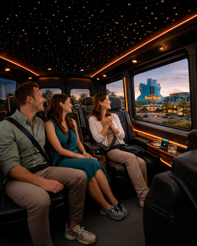Passengers enjoying a luxury shuttle transfer to Seminole Hard Rock Hotel & Casino in South Florida