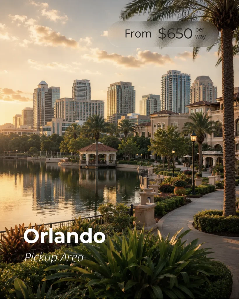 Orlando pickup area for FIFA World Cup 2026 transportation services with private transfers between Orlando, Miami, Hard Rock Stadium and Bayfront Park Fan Festival.