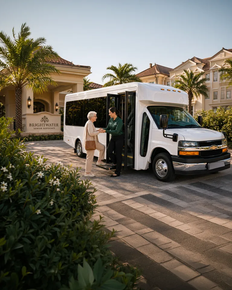 Professional driver assisting a senior passenger boarding an accessible shuttle van at a residential community in South Florida