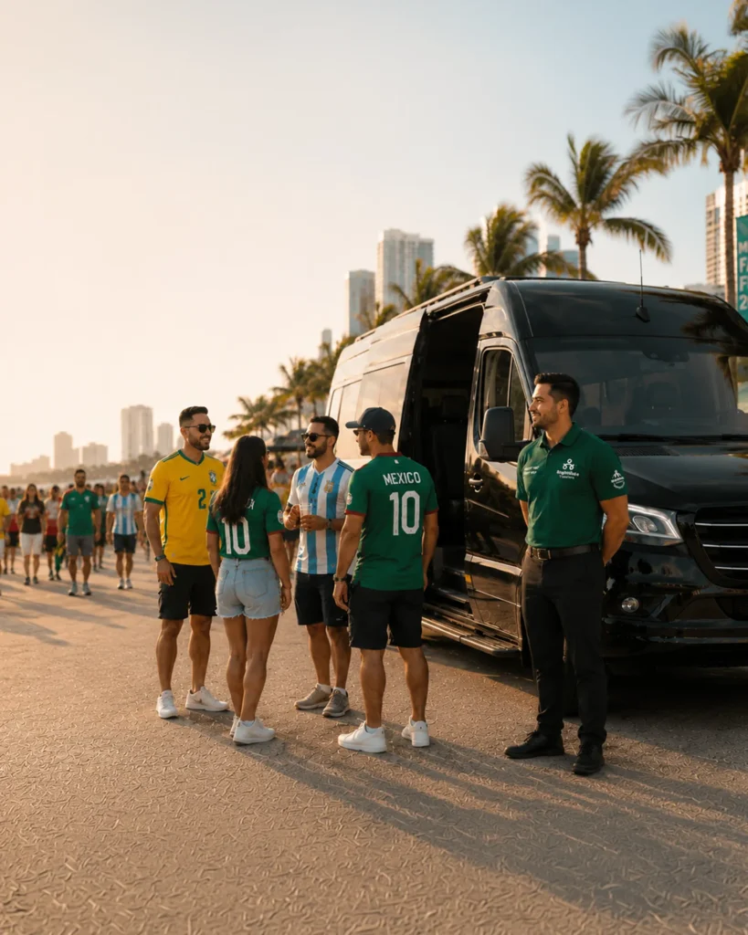 World Cup transportation service in Miami with BrightRide Transfers, private shuttle van for soccer fans traveling to Hard Rock Stadium and Bayfront Park Fan Festival.